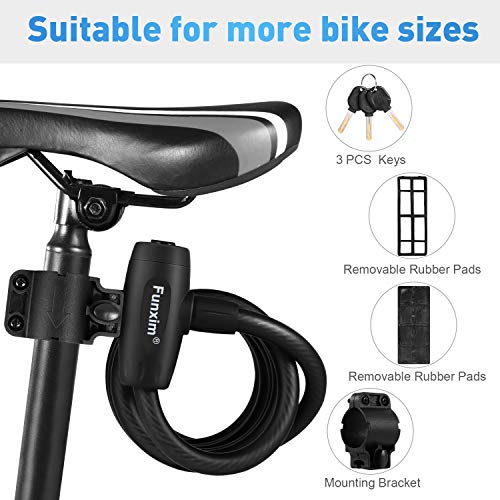 Funxim Bloqueo de la Bicicleta 180 cm / 12 mm con 3 Piezas de Llave y Cable de Metal, candado para Bicicleta, Carga Pesada, combinación Segura con Soporte de Montaje para Bicicleta Triciclo Scooter