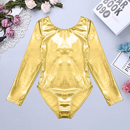 furein Maillot de Danza Ballet Gimnasia Leotardo Body Clásico Brillante Elástico para Niñas de Manga Larga Cuello Redondo (10 años, Oro)