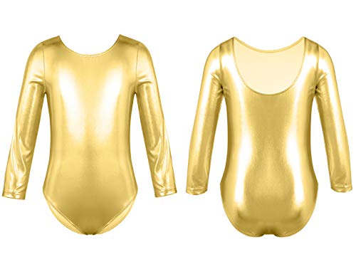 furein Maillot de Danza Ballet Gimnasia Leotardo Body Clásico Brillante Elástico para Niñas de Manga Larga Cuello Redondo (10 años, Oro)