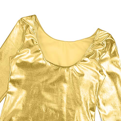 furein Maillot de Danza Ballet Gimnasia Leotardo Body Clásico Brillante Elástico para Niñas de Manga Larga Cuello Redondo (10 años, Oro)