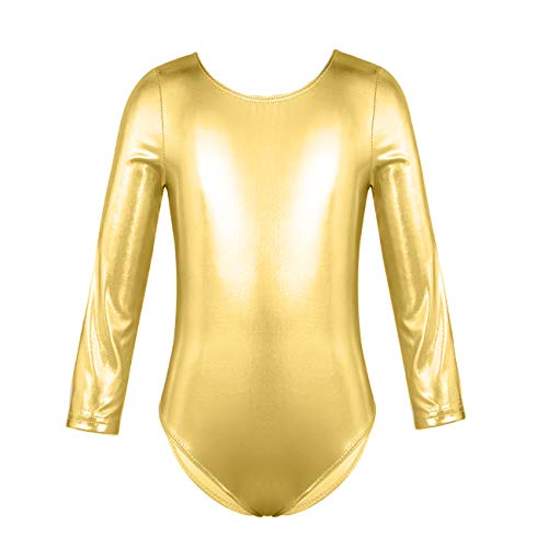 furein Maillot de Danza Ballet Gimnasia Leotardo Body Clásico Brillante Elástico para Niñas de Manga Larga Cuello Redondo (10 años, Oro)