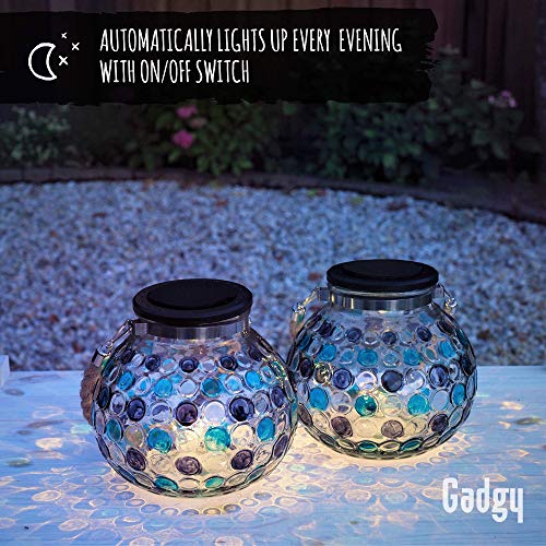 Gadgy ® Set Lampara Solar Mesa Azul | 2 Piezas Hecho de Vidrio | Lanterna LED de Efecto Luz Mosaico | Para Casa, Jardin, Exterior | Mirada Unica[Clase de eficiencia energética A++]