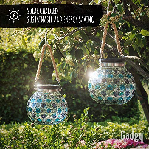 Gadgy ® Set Lampara Solar Mesa Azul | 2 Piezas Hecho de Vidrio | Lanterna LED de Efecto Luz Mosaico | Para Casa, Jardin, Exterior | Mirada Unica[Clase de eficiencia energética A++]