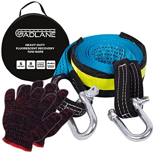 GADLANE Alta Resistencia Cuerda De Remolque con Tiras Reflectantes Dos Ganchos De Seguridad Guantes Y Bolsa De Almacenamiento Incluidos - 8 Toneladas - 5 Metros De Largo