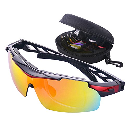 Gafas de Ciclismo Unisex Gafas de Sol de Deportivas Bici Polarizadas 5 Lentes Intercambiables para Hombre y Mujer Deporte Bicicleta Ciclismo Montaña MTB Conducir Pesca Ski Esquiar Golf Correr (Rojo)