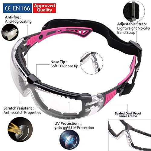 Gafas de Seguridad Para Mujer,con Cinta Ajustable,Gafas Protectoras Rellena de Espuma,Anti-polvo, Estilo Deportivo SG010FM