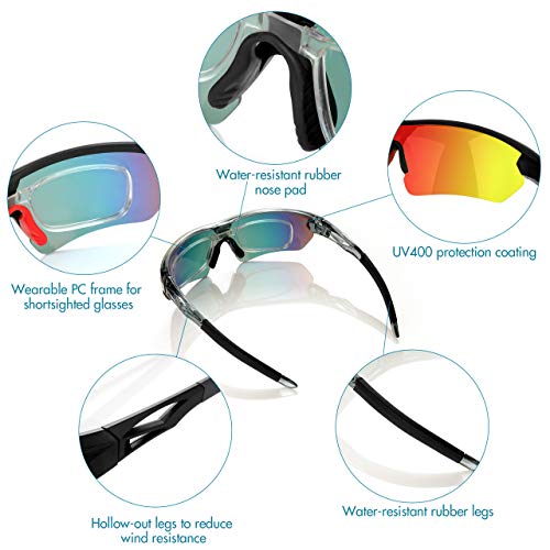 Gafas de Sol Deportivas Polarizadas para Hombre y Mujer, 5 Lentes Intercambiables Protección UV Gafas de Sol para Correr, Ciclismo, Pescar, Golf, Tomar el Sol, Acampar, Ski, Conducción, Aire Libre