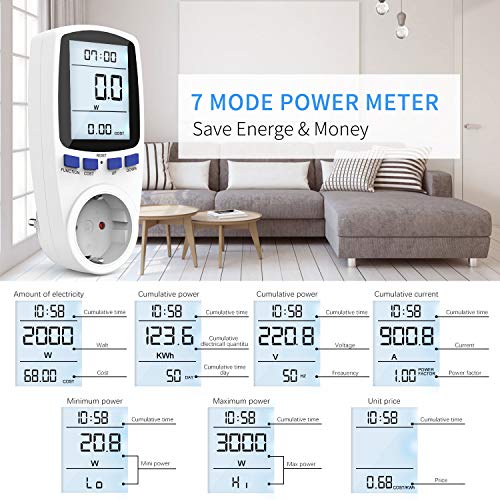 Gafild Medidor de consumo de corriente del medidor de energía, Medidor de Costo de Energía Medidor con pantalla LCD, protección contra sobrecarga, 3680W