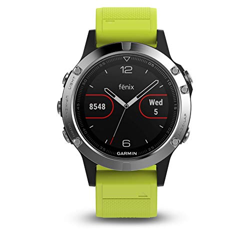 Garmin Fenix 5 - Reloj multideporte, con GPS y medidor de frecuencia cardiaca, lente de cristal y bisel de acero inoxidable, 47 mm, Silver pack 2 correas (Negra y Amarilla fluor)