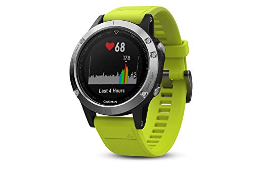 Garmin Fenix 5 - Reloj multideporte, con GPS y medidor de frecuencia cardiaca, lente de cristal y bisel de acero inoxidable, 47 mm, Silver pack 2 correas (Negra y Amarilla fluor)