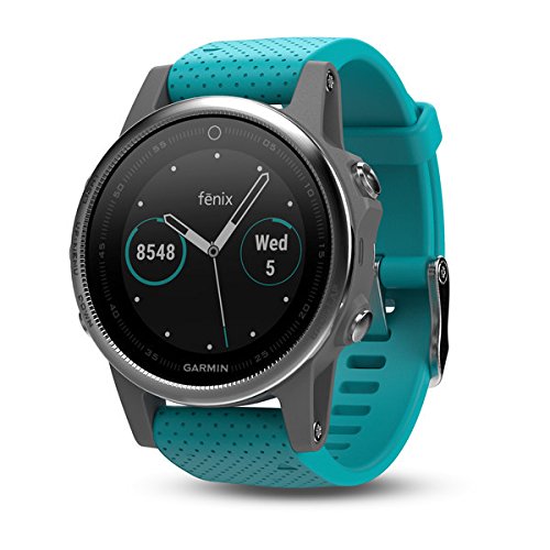 Garmin Fenix 5S - Reloj multideporte, con GPS y medidor de frecuencia cardiaca, lente de cristal y bisel de acero inoxidable, 42 mm, Plata/Turquesa