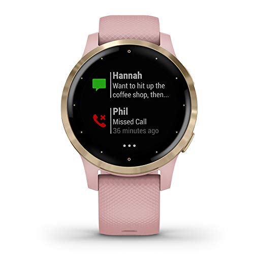 Garmin vívoactive 4S, Smaller-Sized GPS Smartwatch, Features Music, Body Energy Monitoring, Animated Workouts, Pulse Ox Sensors and More, Light Gold with Light Pink Band