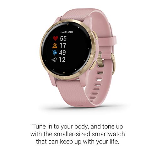 Garmin vívoactive 4S, Smaller-Sized GPS Smartwatch, Features Music, Body Energy Monitoring, Animated Workouts, Pulse Ox Sensors and More, Light Gold with Light Pink Band