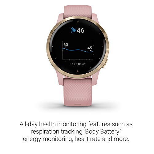 Garmin vívoactive 4S, Smaller-Sized GPS Smartwatch, Features Music, Body Energy Monitoring, Animated Workouts, Pulse Ox Sensors and More, Light Gold with Light Pink Band