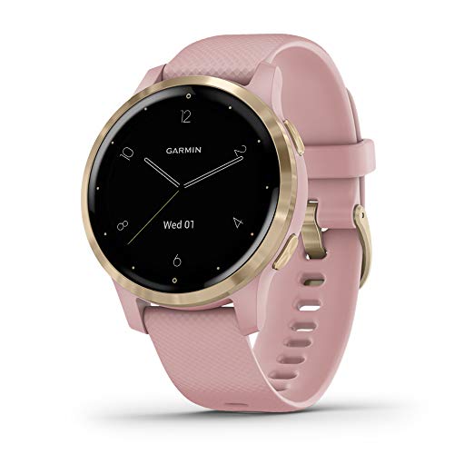 Garmin vívoactive 4S, Smaller-Sized GPS Smartwatch, Features Music, Body Energy Monitoring, Animated Workouts, Pulse Ox Sensors and More, Light Gold with Light Pink Band