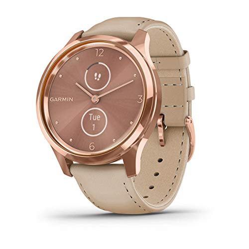 Garmin Vivomove Luxe Smartwatch Hybrid Analógico Digital Unisex, Caja Oro Rosa, Correa de Cuero Arena 010-02241-01