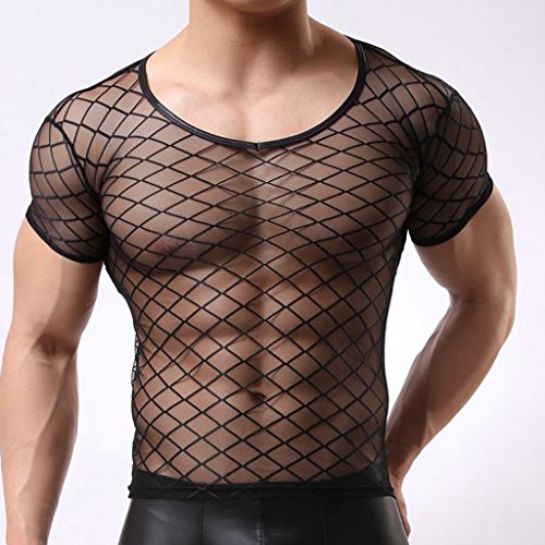 Gazechimp Camiseta de Malla Transparente Chaleco con Manga Corta Ropa Interior de Apretada Muscular Ajuste para Hombres de Negro - Negro, M
