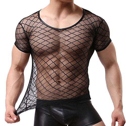 Gazechimp Camiseta de Malla Transparente Chaleco con Manga Corta Ropa Interior de Apretada Muscular Ajuste para Hombres de Negro - Negro, M