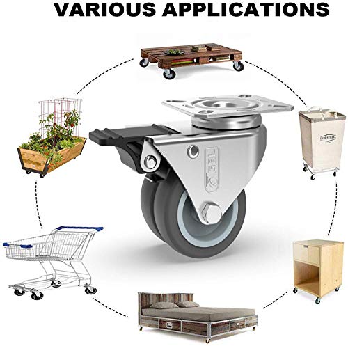 GBL Ruedas para Muebles Pesados con 2 Freno + Tornillos - 50mm Hasta 400kg - 4 Ruedas que No Dejan Marcas de Alta Resistencia - Ruedas Giratorias para Palets Engomadas - Plateadas