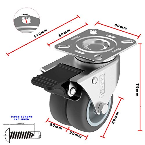 GBL Ruedas para Muebles Pesados con 2 Freno + Tornillos - 50mm Hasta 400kg - 4 Ruedas que No Dejan Marcas de Alta Resistencia - Ruedas Giratorias para Palets Engomadas - Plateadas