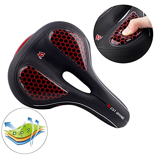 GCBTECH Sillín de Bicicleta Gel cómodo con LED luz Trasera, Asiento de Bici Antiprostático Impermeable y Transpirable para Hombre y Mujer para Carretera, MTB, Montaña, Urbana, Ciudad. Rojo