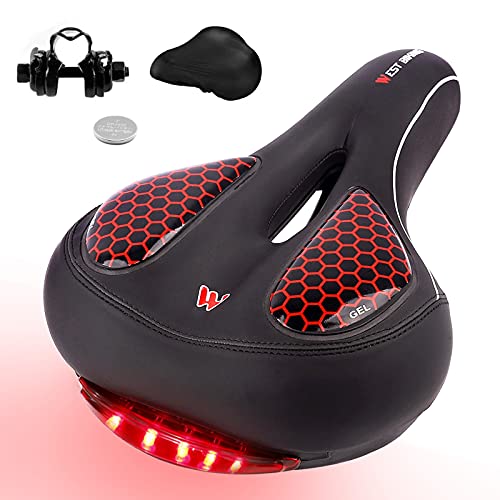 GCBTECH Sillín de Bicicleta Gel cómodo con LED luz Trasera, Asiento de Bici Antiprostático Impermeable y Transpirable para Hombre y Mujer para Carretera, MTB, Montaña, Urbana, Ciudad. Rojo