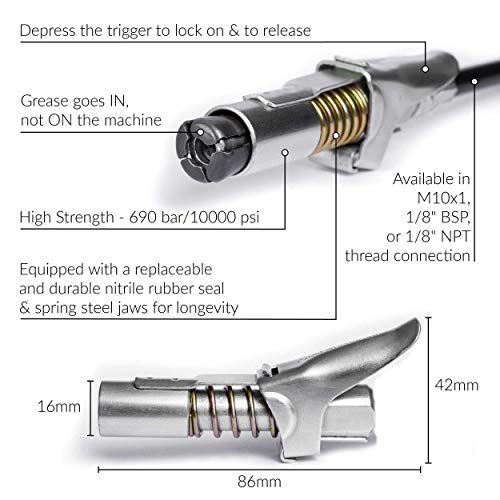 G.COUPLER [M10x1] - Pistola de Engrase G Acoplador. Para todas las puntas de engrase Zerk. Fácil Encendido y Apagado, Permanece Encendido. La Grasa Entra, no en la Máquina