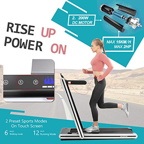 GEARSTONE Cinta de Correr Plegable 2 en 1, 2HP Potente Motor, 1-15 km/h con 2 Modos Deportivos Preestablecidos, Táctil/Control Remoto, Cinta de Correr con Bluetooth, Talla única