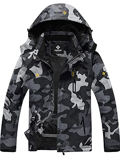 GEMYSE Chaqueta de Esquí Impermeable de Montaña para Hombre Abrigo de Invierno de Lana Antiviento con Capucha (Camuflaje 01,M)