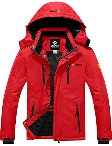 GEMYSE Chaqueta de Esquí Impermeable de Montaña para Hombre Abrigo de Invierno de Lana Antiviento con Capucha (Rojo 06,M)