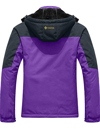 GEMYSE Chaqueta de Esquí Impermeable de Montaña para Mujer Abrigo de Invierno de Lana Antiviento con Capucha (Morado Gris,L)