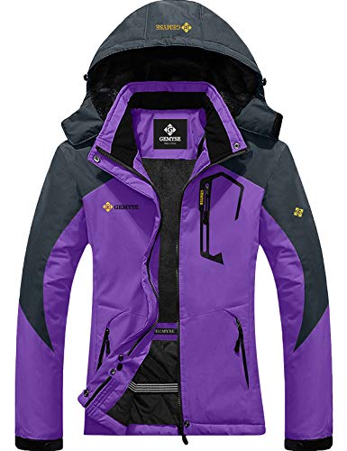 GEMYSE Chaqueta de Esquí Impermeable de Montaña para Mujer Abrigo de Invierno de Lana Antiviento con Capucha (Morado Gris,L)