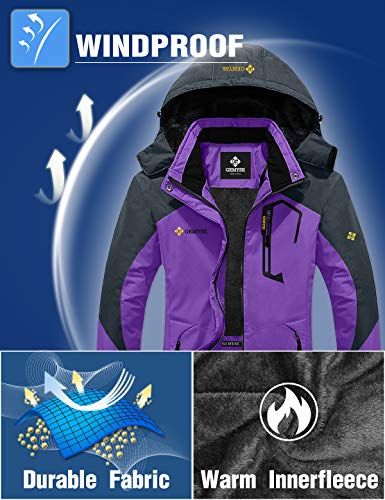 GEMYSE Chaqueta de Esquí Impermeable de Montaña para Mujer Abrigo de Invierno de Lana Antiviento con Capucha (Morado Gris,L)