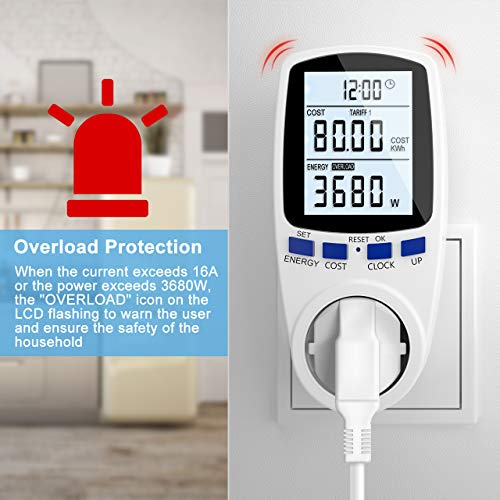 Gifort Medidor de consumo de corriente del medidor de energía para Monitor Contador de Electricidad con protección de sobrecarga de pantalla digital LCD Retroiluminada (Double rate)