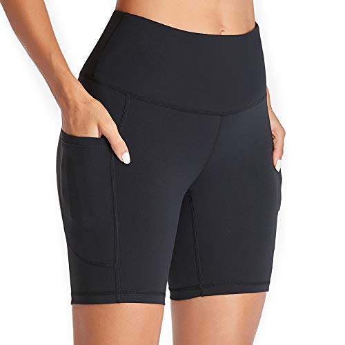 GIMDUMASA Pantalones Cortos Deporte Mujer Cintura Alta Shorts Leggins Pantalones Cortos de Yoga para Correr Gym Fitness Mallas Deportivos con Bolsillos Laterales GI371(Negro,l)