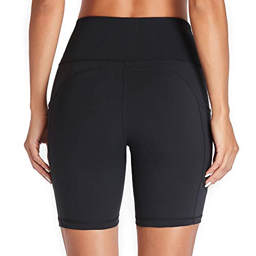 GIMDUMASA Pantalones Cortos Deporte Mujer Cintura Alta Shorts Leggins Pantalones Cortos de Yoga para Correr Gym Fitness Mallas Deportivos con Bolsillos Laterales GI371 (Negro, M)