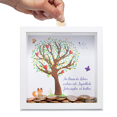 GLÜCKSWOLKE - Hucha con diseño de árbol de la vida I Regalo para bautizo, comunión, confirmación, graduación o bautizo I Regalo niña niño I Marco de fotos 3D I Hucha para dinero