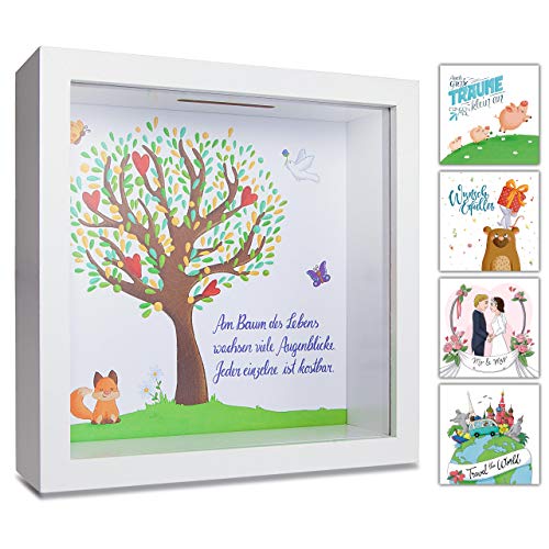 GLÜCKSWOLKE - Hucha con diseño de árbol de la vida I Regalo para bautizo, comunión, confirmación, graduación o bautizo I Regalo niña niño I Marco de fotos 3D I Hucha para dinero