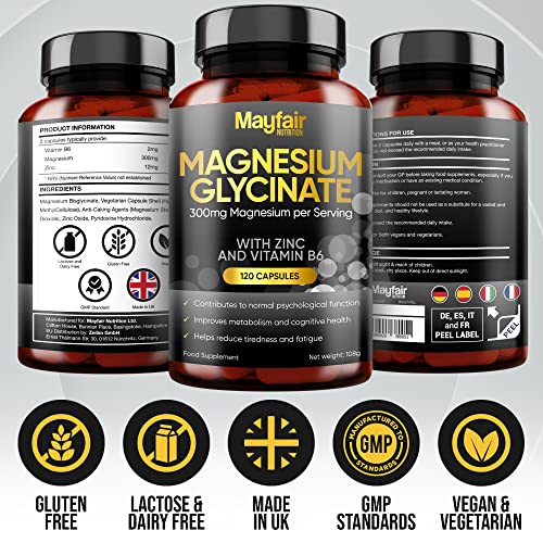 Glycinate de magnesio con zinc y vitamina B6 - 120 cápsulas veganas de alta resistencia - complejo de suplementos de magnesio que proporciona 300 mg de magnesio elemental por servicio diario - 2 meses de suministro - Hecho en el Reino Unido