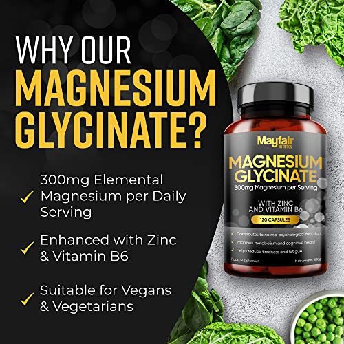Glycinate de magnesio con zinc y vitamina B6 - 120 cápsulas veganas de alta resistencia - complejo de suplementos de magnesio que proporciona 300 mg de magnesio elemental por servicio diario - 2 meses de suministro - Hecho en el Reino Unido