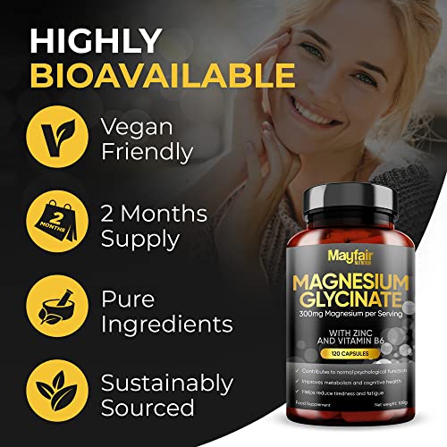 Glycinate de magnesio con zinc y vitamina B6 - 120 cápsulas veganas de alta resistencia - complejo de suplementos de magnesio que proporciona 300 mg de magnesio elemental por servicio diario - 2 meses de suministro - Hecho en el Reino Unido