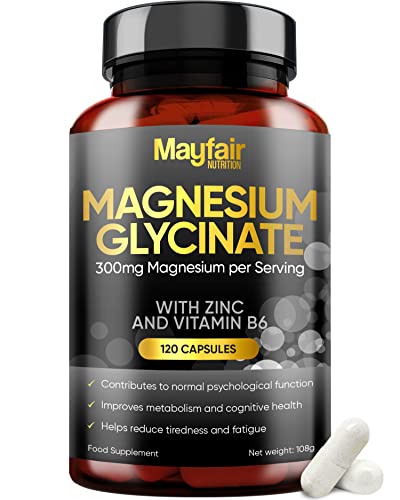 Glycinate de magnesio con zinc y vitamina B6 - 120 cápsulas veganas de alta resistencia - complejo de suplementos de magnesio que proporciona 300 mg de magnesio elemental por servicio diario - 2 meses de suministro - Hecho en el Reino Unido