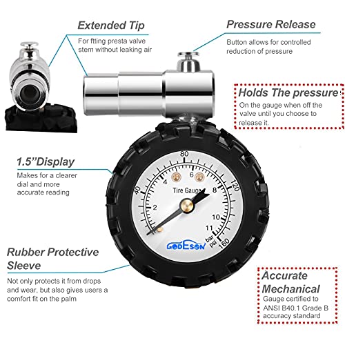 Godeson manometro presion neumaticos bicicleta, Manometro bicicleta 0-11bar/0-160psi con válvula Presta herramientas bicicleta, medidor presion neumaticos bicicleta…