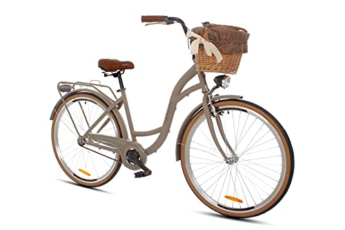 Goetze Bicicleta de ciudad retro vintage holandesa para mujer, ruedas de aluminio de 28 pulgadas, 1 marcha, freno de contrapedal, entrada profunda, cesta con acolchado gratis.