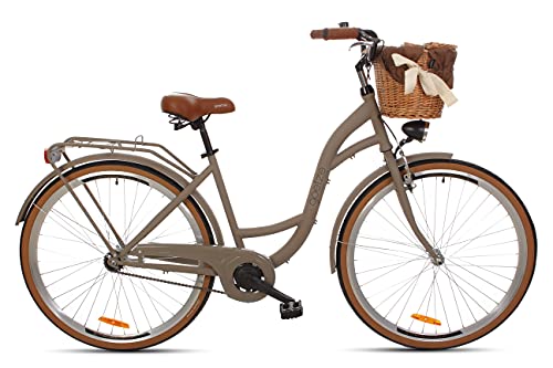 Goetze Bicicleta de ciudad retro vintage holandesa para mujer, ruedas de aluminio de 28 pulgadas, 1 marcha, freno de contrapedal, entrada profunda, cesta con acolchado gratis.