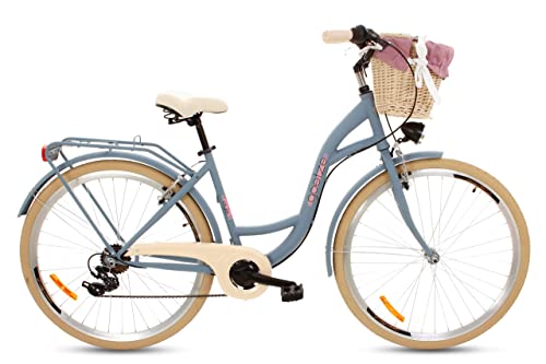 Goetze Mood - Bicicleta de ciudad retro vintage holandesa para mujer, ruedas de aluminio de 28 pulgadas, cambio Shimano Tourney de 7 velocidades, subida profunda, cesta con acolchado