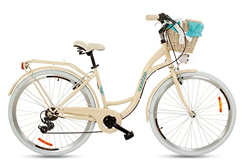 Goetze Mood - Bicicleta de ciudad retro vintage holandesa para mujer, ruedas de aluminio de 28 pulgadas, cambio Shimano Tourney de 7 velocidades, subida profunda, cesta con acolchado