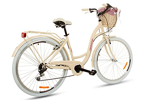 Goetze Mood - Bicicleta de ciudad retro vintage holandesa para mujer, ruedas de aluminio de 28 pulgadas, cambio Shimano Tourney de 7 velocidades, subida profunda, cesta con acolchado