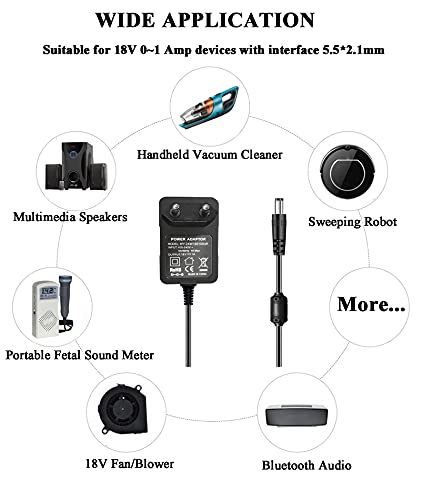 Gonine AC 100V-240V Adaptador convertidor DC 18V 1A Adaptador de Fuente de alimentación Cargador de Montaje en Pared con Enchufe de 5.5MM x 2.1MM para Equipos de 18 voltios 100mA-1000mA