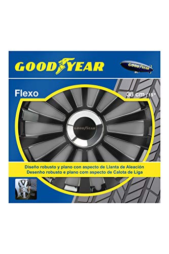 Goodyear GOD9033 1 Juego de 4 tapacubos Color Negro de 15” con tecnología Flexo y Anillo de sujeción Ajustable, Set de 4